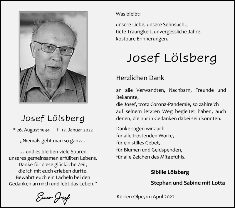  Traueranzeige für Josef Lölsberg vom 02.04.2022 aus Kölner Stadt-Anzeiger / Kölnische Rundschau / Express