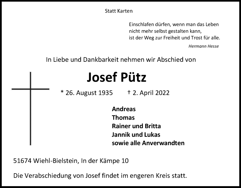  Traueranzeige für Josef Pütz vom 05.04.2022 aus Kölner Stadt-Anzeiger / Kölnische Rundschau / Express