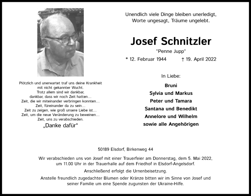  Traueranzeige für Josef Schnitzler vom 30.04.2022 aus Kölner Stadt-Anzeiger / Kölnische Rundschau / Express