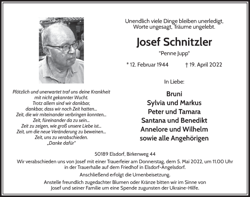  Traueranzeige für Josef Schnitzler vom 29.04.2022 aus  Werbepost 