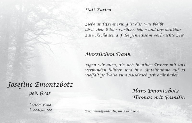  Traueranzeige für Josefine Emontbotz vom 22.04.2022 aus  Werbepost 