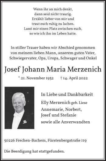Anzeige von Josef Johann Maria Merzenich von  Wochenende 