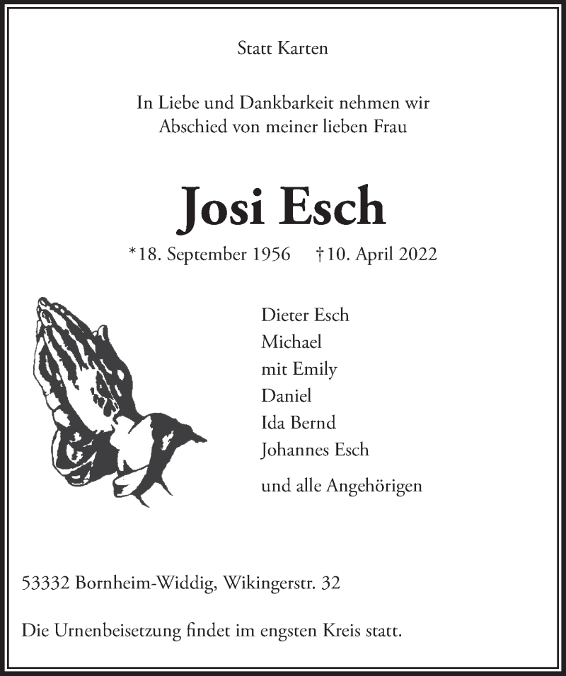 Traueranzeige für Josi Esch vom 29.04.2022 aus  Schaufenster/Blickpunkt 
