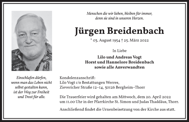  Traueranzeige für Jürgen Breidenbach vom 08.04.2022 aus  Werbepost 
