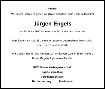 Anzeige von Jürgen Engels von Kölner Stadt-Anzeiger / Kölnische Rundschau / Express