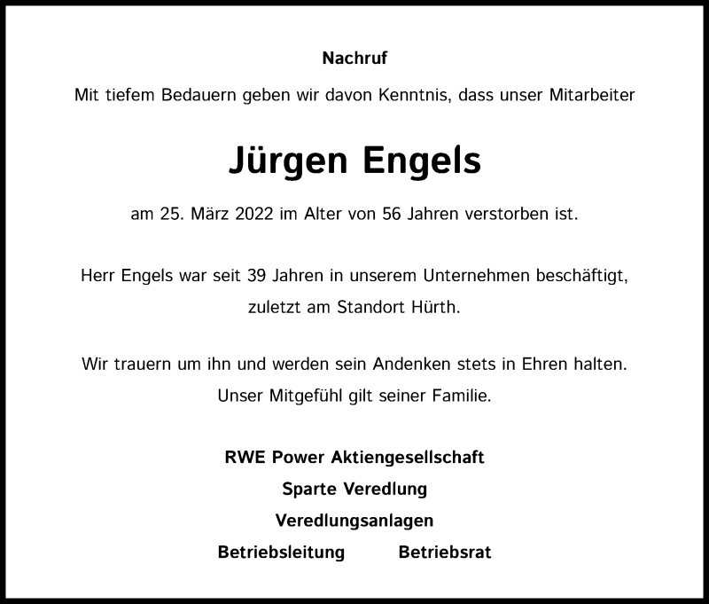  Traueranzeige für Jürgen Engels vom 08.04.2022 aus Kölner Stadt-Anzeiger / Kölnische Rundschau / Express