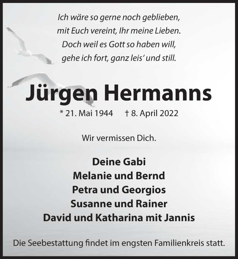  Traueranzeige für Jürgen Hermanns vom 22.04.2022 aus  Lokale Informationen 