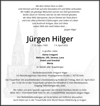 Anzeige von Jürgen Hilger von Kölner Stadt-Anzeiger / Kölnische Rundschau / Express