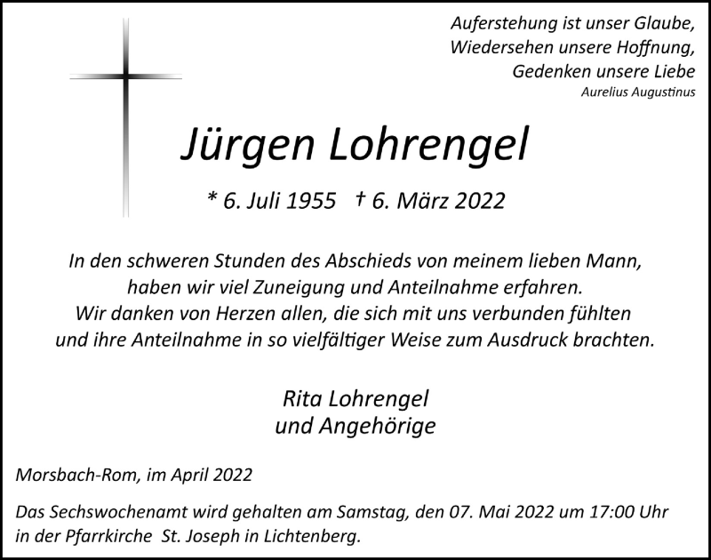  Traueranzeige für Jürgen Lohrengel vom 29.04.2022 aus  Lokalanzeiger 