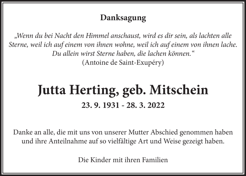  Traueranzeige für Jutta Herting vom 29.04.2022 aus  Schlossbote/Werbekurier 