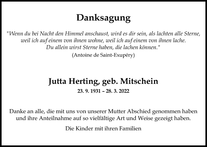  Traueranzeige für Jutta Herting vom 30.04.2022 aus Kölner Stadt-Anzeiger / Kölnische Rundschau / Express