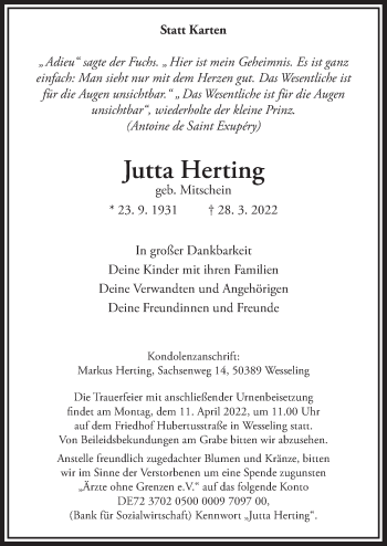 Anzeige von Jutta Herting von  Schlossbote/Werbekurier 