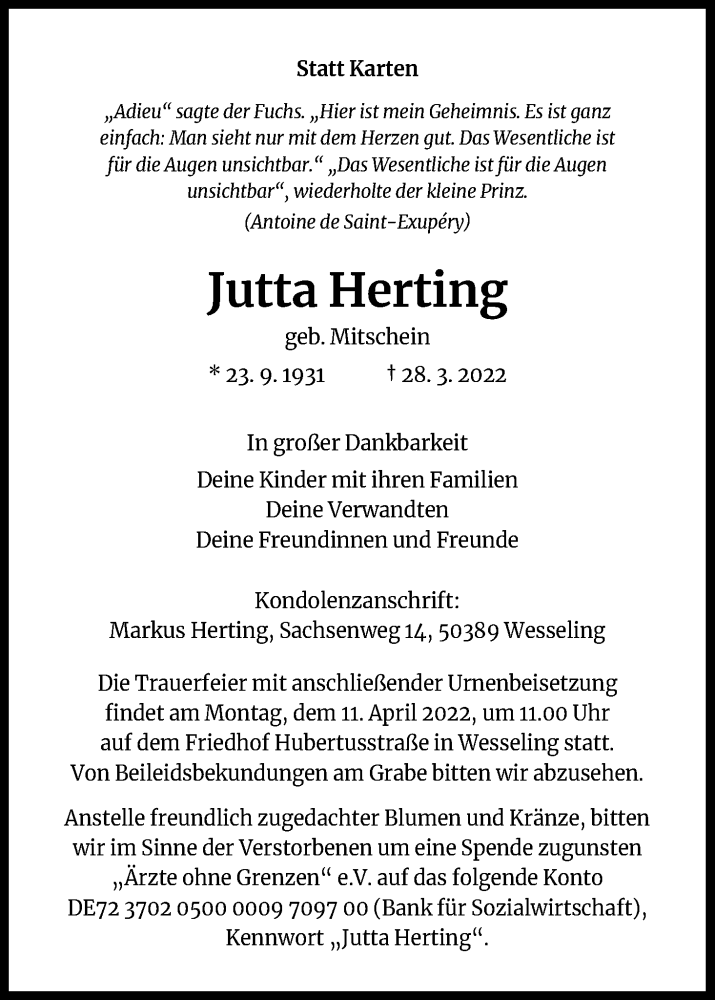  Traueranzeige für Jutta Herting vom 09.04.2022 aus Kölner Stadt-Anzeiger / Kölnische Rundschau / Express