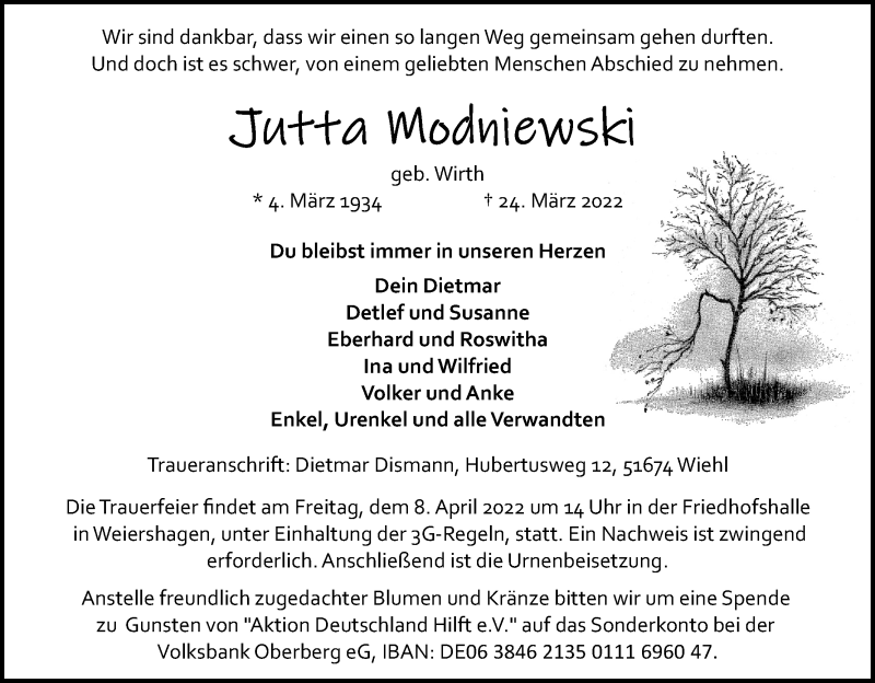  Traueranzeige für Jutta Modniewski vom 02.04.2022 aus Kölner Stadt-Anzeiger / Kölnische Rundschau / Express