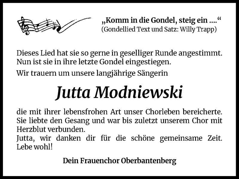  Traueranzeige für Jutta Modniewski vom 08.04.2022 aus Kölner Stadt-Anzeiger / Kölnische Rundschau / Express