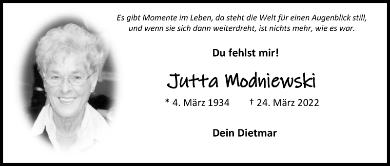  Traueranzeige für Jutta Modniewski vom 02.04.2022 aus Kölner Stadt-Anzeiger / Kölnische Rundschau / Express