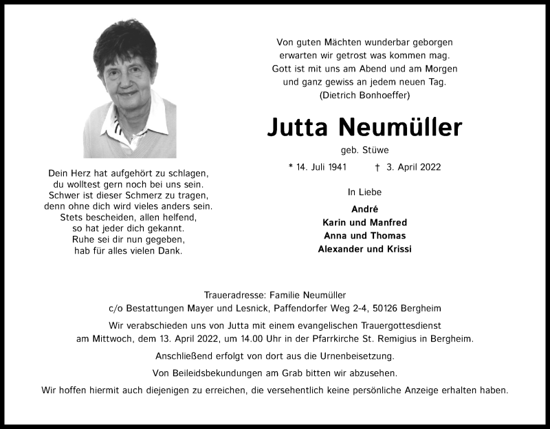  Traueranzeige für Jutta Neumüller vom 09.04.2022 aus Kölner Stadt-Anzeiger / Kölnische Rundschau / Express