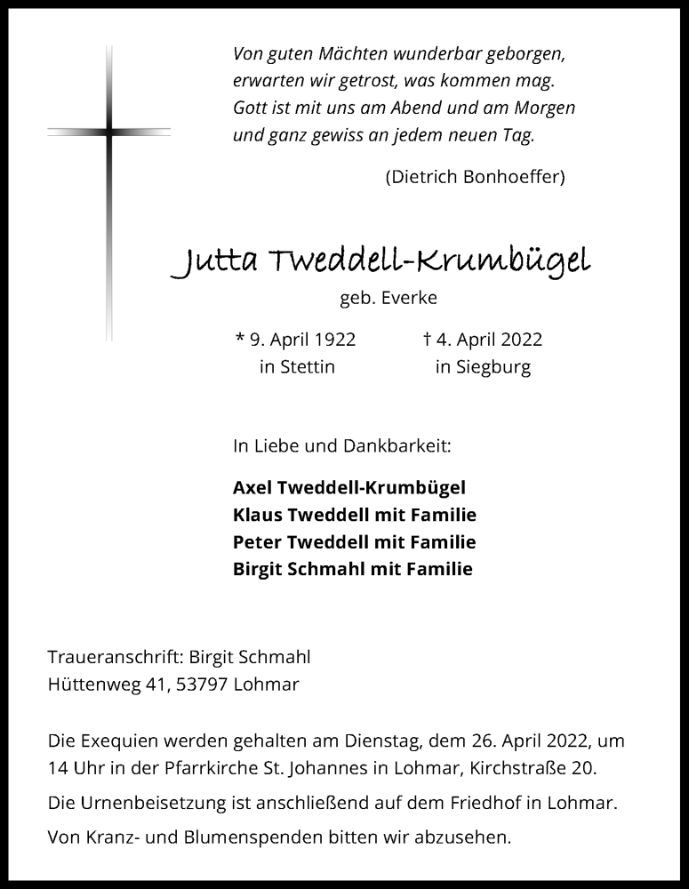  Traueranzeige für Jutta Tweddell-Krumbügel vom 16.04.2022 aus Kölner Stadt-Anzeiger / Kölnische Rundschau / Express