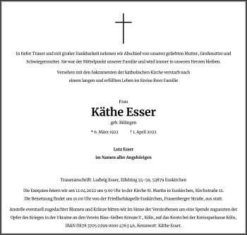 Anzeige von Käthe Esser von Kölner Stadt-Anzeiger / Kölnische Rundschau / Express