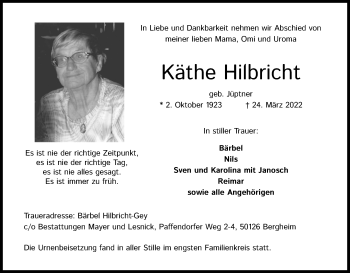 Anzeige von Käthe Hilbricht von Kölner Stadt-Anzeiger / Kölnische Rundschau / Express
