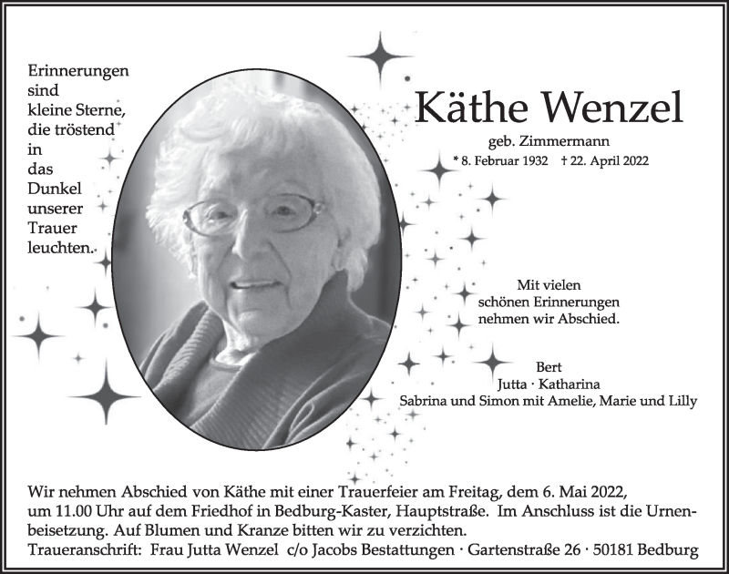  Traueranzeige für Käthe Wenzel vom 29.04.2022 aus  Werbepost 