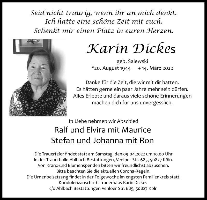  Traueranzeige für Karin Dickes vom 02.04.2022 aus Kölner Stadt-Anzeiger / Kölnische Rundschau / Express