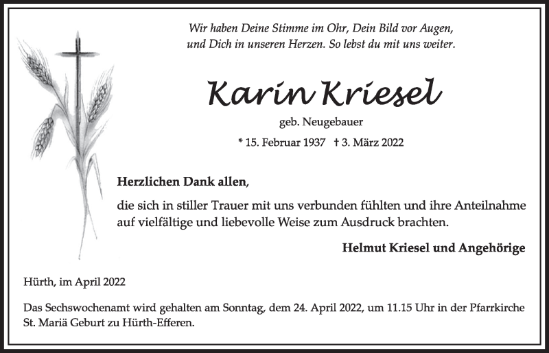  Traueranzeige für Karin Kriesel vom 15.04.2022 aus  Wochenende 