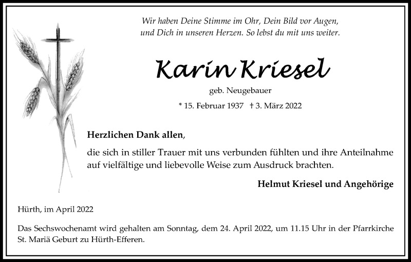  Traueranzeige für Karin Kriesel vom 16.04.2022 aus Kölner Stadt-Anzeiger / Kölnische Rundschau / Express