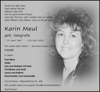 Anzeige von Karin Meul von Kölner Stadt-Anzeiger / Kölnische Rundschau / Express