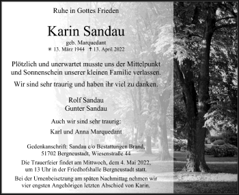 Anzeige von Karin Sandau von Kölner Stadt-Anzeiger / Kölnische Rundschau / Express