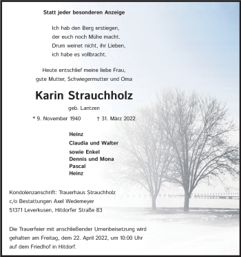 Anzeige von Karin Strauchholz von Kölner Stadt-Anzeiger / Kölnische Rundschau / Express