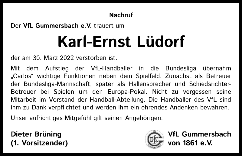  Traueranzeige für Karl-Ernst Lüdorf vom 09.04.2022 aus Kölner Stadt-Anzeiger / Kölnische Rundschau / Express