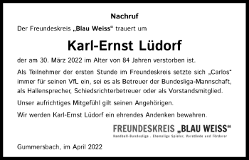 Anzeige von Karl-Ernst Lüdorf von Kölner Stadt-Anzeiger / Kölnische Rundschau / Express