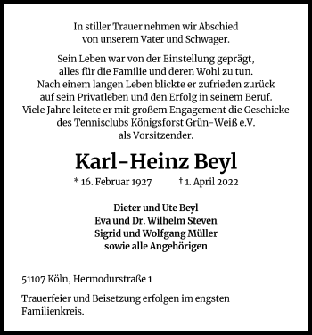 Anzeige von Karl-Heinz Beyl von Kölner Stadt-Anzeiger / Kölnische Rundschau / Express