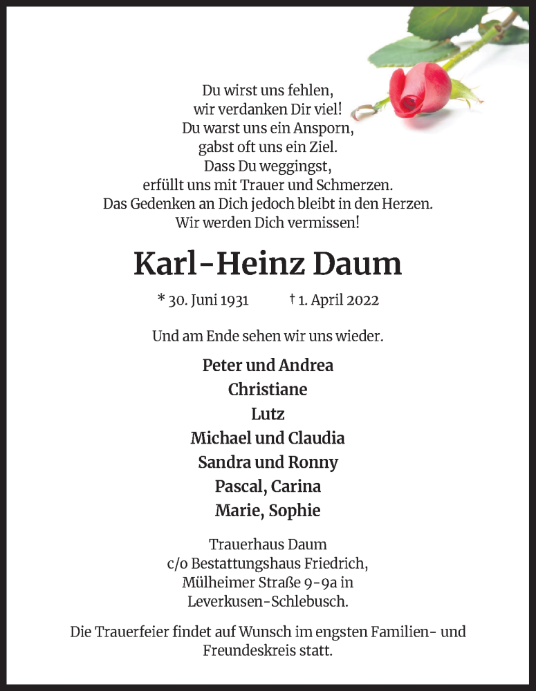  Traueranzeige für Karl-Heinz Daum vom 08.04.2022 aus Kölner Stadt-Anzeiger / Kölnische Rundschau / Express