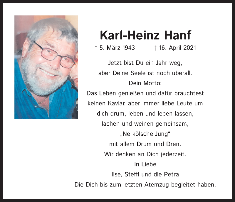  Traueranzeige für Karl-Heinz Hanf vom 16.04.2022 aus Kölner Stadt-Anzeiger / Kölnische Rundschau / Express