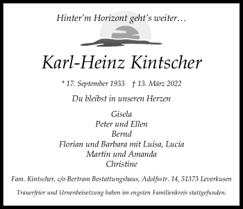 Anzeige von Karl-Heinz Kintscher von Kölner Stadt-Anzeiger / Kölnische Rundschau / Express
