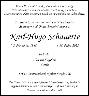 Anzeige von Karl-Hugo Schauerte von Kölner Stadt-Anzeiger / Kölnische Rundschau / Express