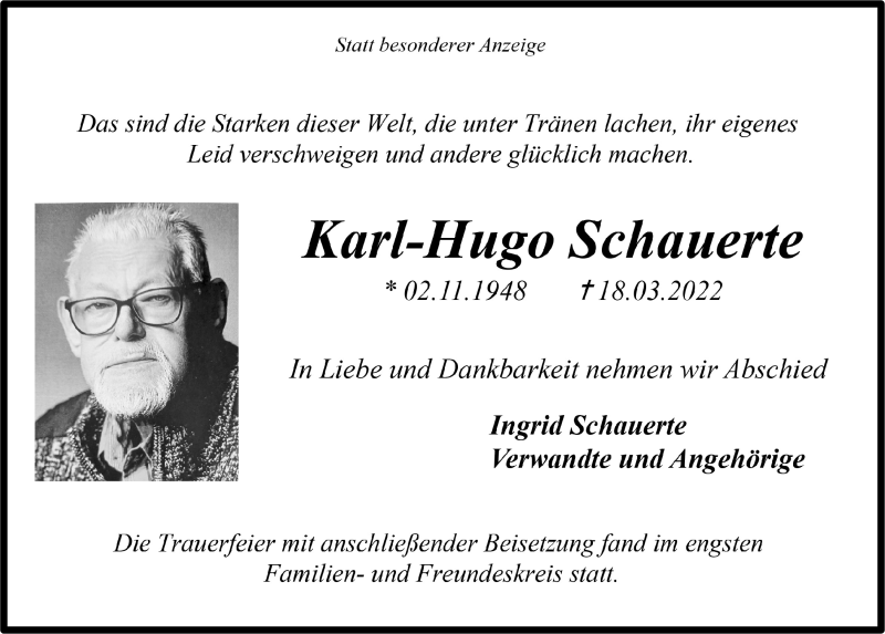  Traueranzeige für Karl-Hugo Schauerte vom 14.04.2022 aus  Anzeigen Echo 