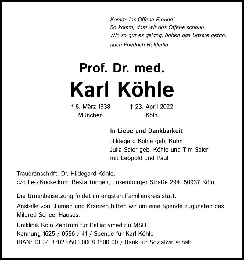  Traueranzeige für Karl Köhle vom 30.04.2022 aus Kölner Stadt-Anzeiger / Kölnische Rundschau / Express