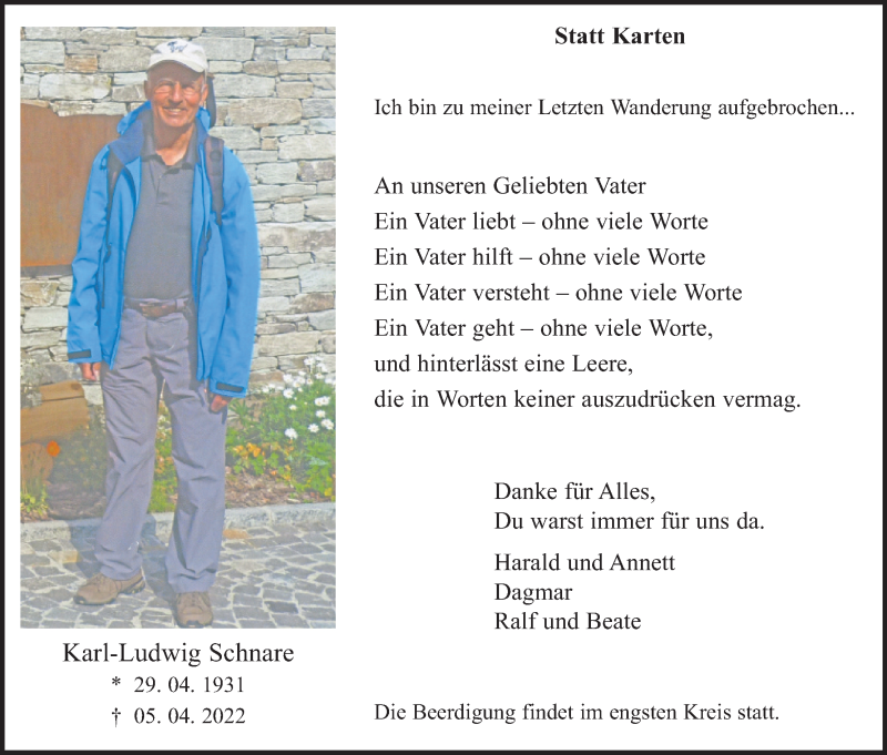  Traueranzeige für Karl-Ludwig Schnare vom 16.04.2022 aus Kölner Stadt-Anzeiger / Kölnische Rundschau / Express