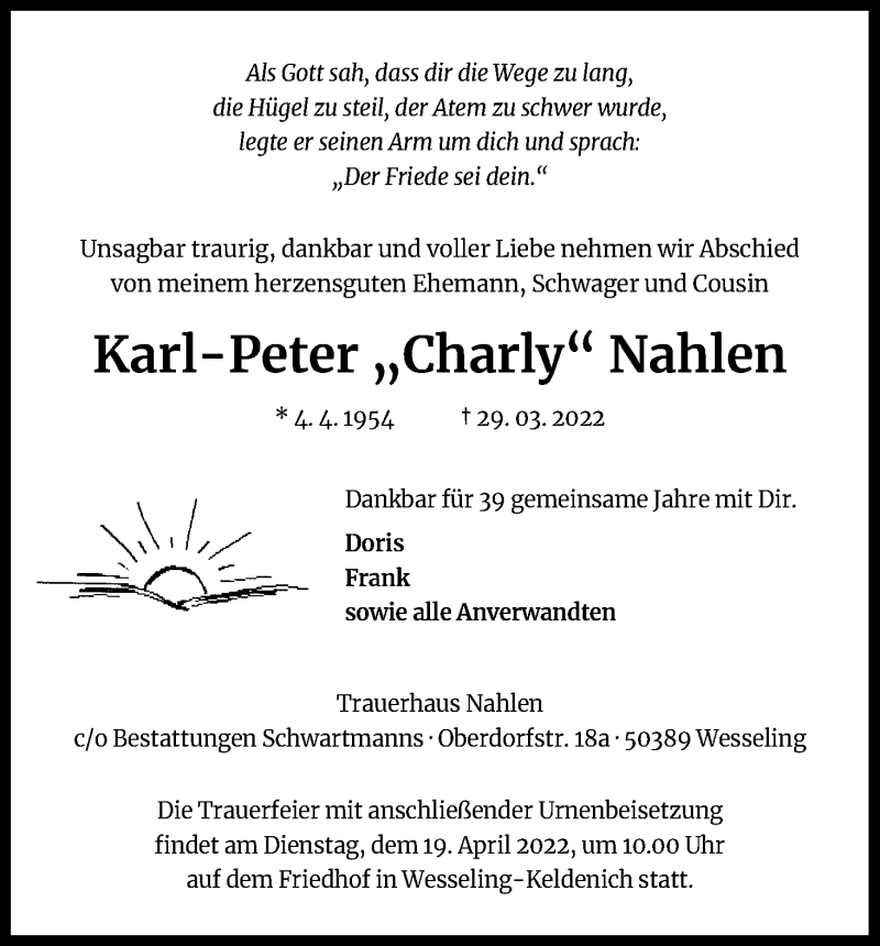  Traueranzeige für Karl-Peter Nahlen vom 16.04.2022 aus Kölner Stadt-Anzeiger / Kölnische Rundschau / Express