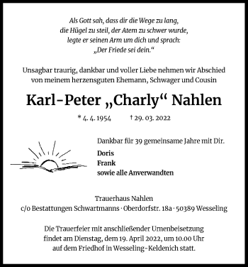 Anzeige von Karl-Peter Nahlen von Kölner Stadt-Anzeiger / Kölnische Rundschau / Express