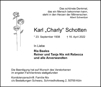 Anzeige von Karl Schotten von Kölner Stadt-Anzeiger / Kölnische Rundschau / Express