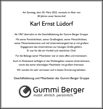 Anzeige von Karl Ernst Lüdorf von Kölner Stadt-Anzeiger / Kölnische Rundschau / Express