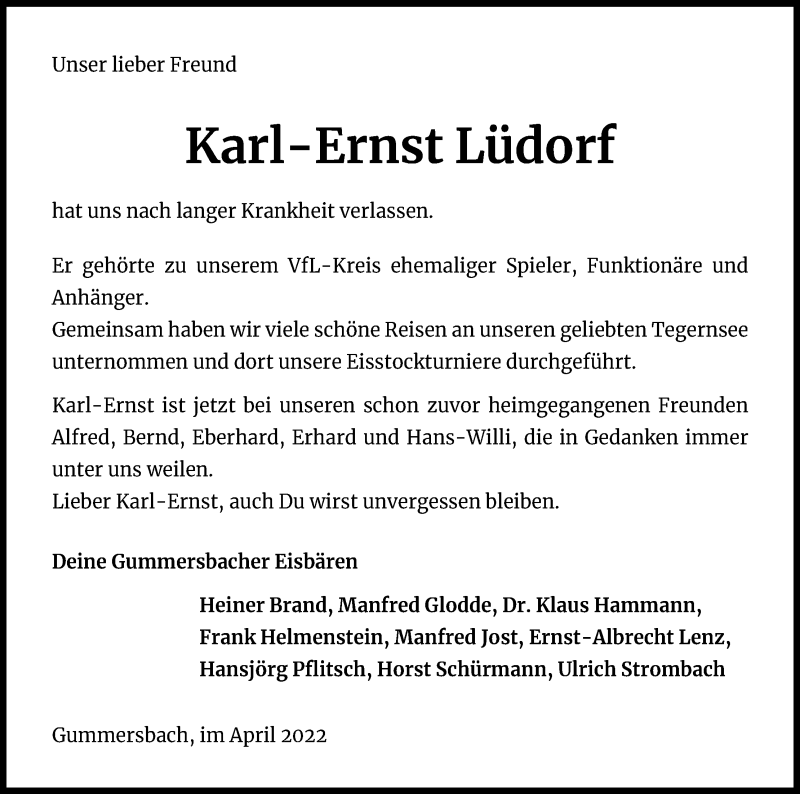  Traueranzeige für Karl Ernst Lüdorf vom 09.04.2022 aus Kölner Stadt-Anzeiger / Kölnische Rundschau / Express