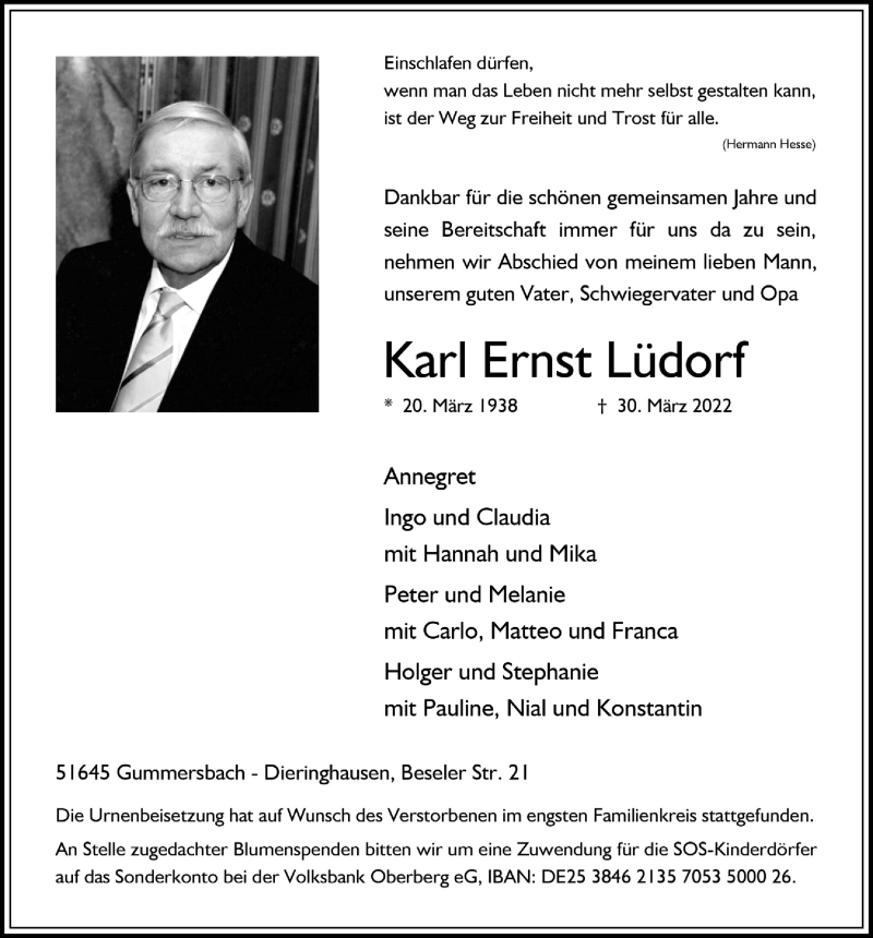  Traueranzeige für Karl Ernst Lüdorf vom 08.04.2022 aus  Anzeigen Echo 