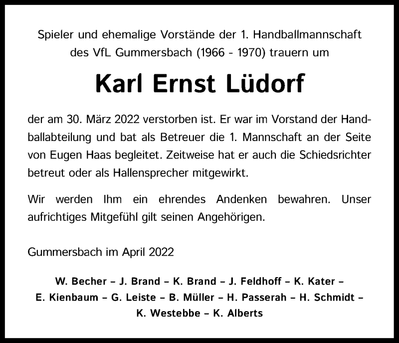  Traueranzeige für Karl Ernst Lüdorf vom 09.04.2022 aus Kölner Stadt-Anzeiger / Kölnische Rundschau / Express