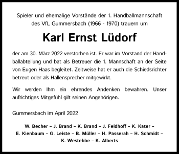 Anzeige von Karl Ernst Lüdorf von Kölner Stadt-Anzeiger / Kölnische Rundschau / Express