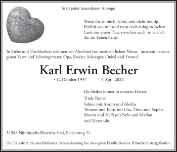 Anzeige von Karl Erwin Becher von  Lokalanzeiger 